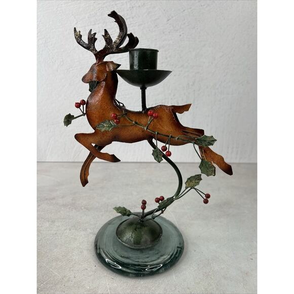Vintage Handmade Metal Reindeer Glass Base Candle Holder 10.5”HX 7”W Phillipines - Picture 1 of 10